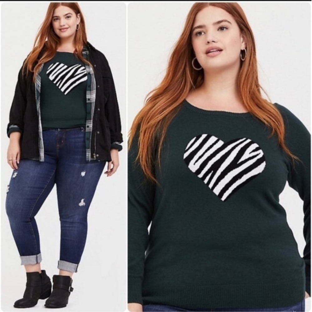 Torrid Heart Zebra Print Sweater Womens Green Long Sleeve Knit Size 0